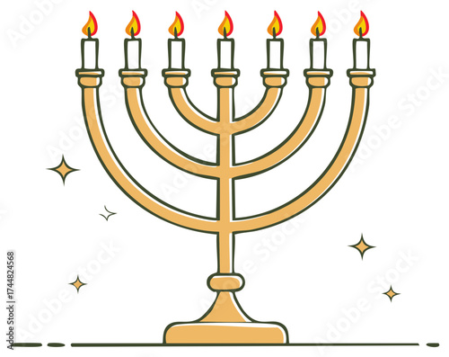 Illustration of a menorah with seven lit candles, a traditional Jewish symbol.