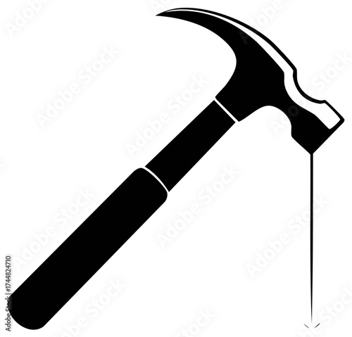 Black Silhouette of a Claw Hammer with a Nail Dropping Downward
