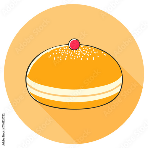 Jelly Filled Doughnut Illustration with Cherry Topping on Round Background