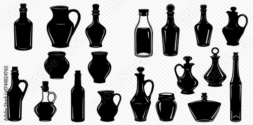 A diverse collection of black silhouettes featuring various shapes of bottles, jars, and pitchers on a transparent background.