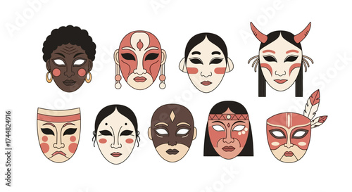 Collection of Diverse Cultural and Tribal Masks Representing Different Ethnicities and Traditions.