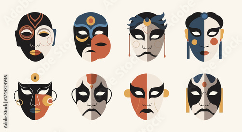 Collection of diverse theatrical masks with split-face designs.