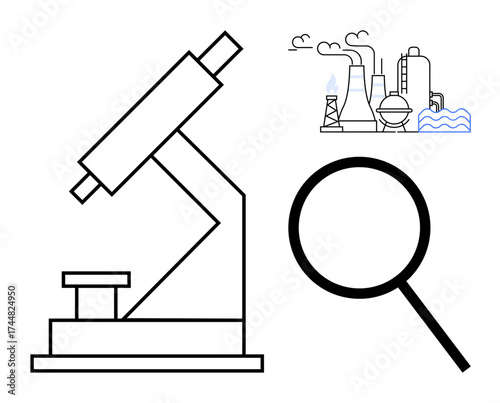 Microscope, magnifying glass, and factory emitting gas and water symbolizing research, industry, and environmental impact. Ideal for science, industry, pollution, innovation analysis education