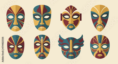Collection of eight colorful tribal masks with unique designs and patterns.