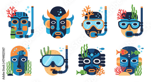 Collection of eight colorful tribal masks with snorkeling gear and underwater elements.
