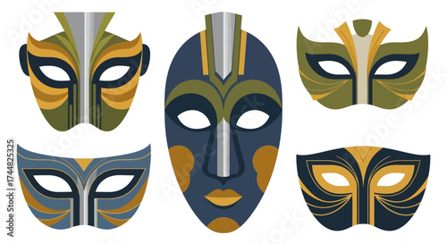 Collection of Five Colorful Tribal Masks with Intricate Designs.