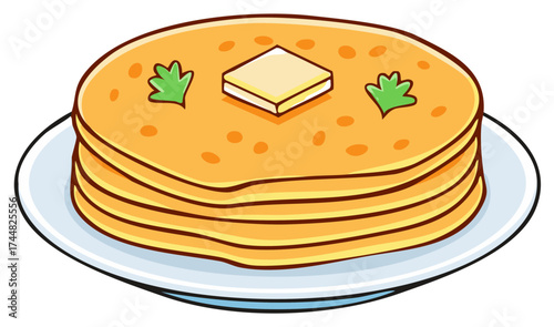 Colorful cartoon stack of breakfast pancakes with butter and green garnish on a plate illustration