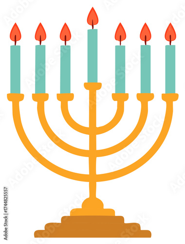 Golden seven branched menorah candelabrum with lit light blue candles glowing brightly illustration