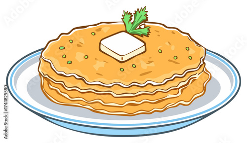 Delicious Golden Stack of Flatbreads or Pancakes with Butter and Fresh Green Garnish on a Plate