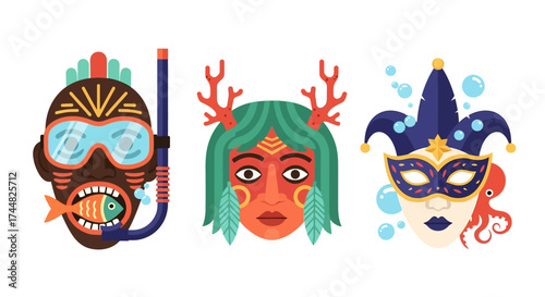 Collection of three unique surreal aquatic themed masks.