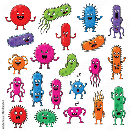Vibrant collection of cartoon germs and bacteria characters in various poses