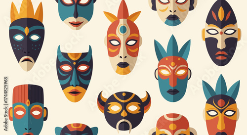 Collection of vibrant tribal masks with glowing eyes.
