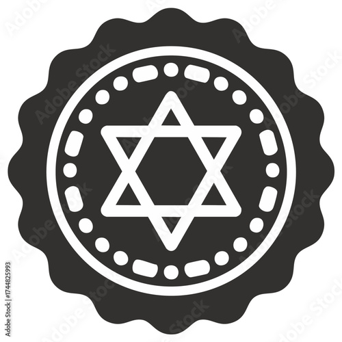 Star of David emblem within a scalloped circular frame, monochrome style.