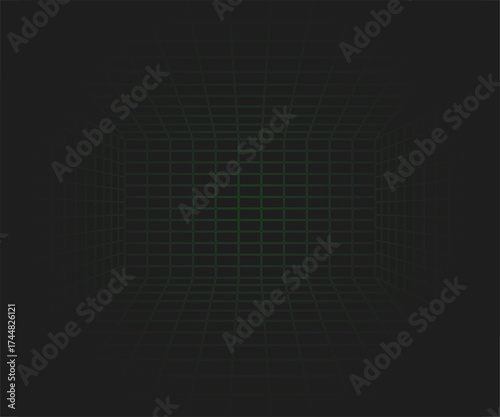 Futuristic Background with Wireframe Grid. Perspective Wireframe with thin Acid green Grids on black Background. Vector illustration in y2k style. Empty space for advertising or product display.