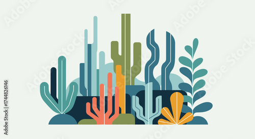 Colorful abstract illustration of various desert plants and cacti in a row.