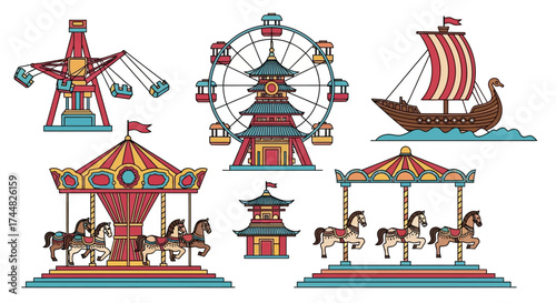 Collection of vintage amusement park rides and attractions.