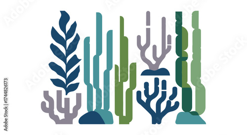Colorful abstract illustration of various sea plants and coral reefs.