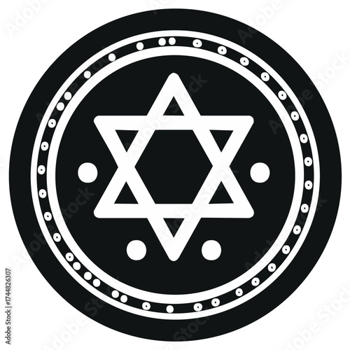 Star of David symbol inside a circle with decorative elements, graphic design.