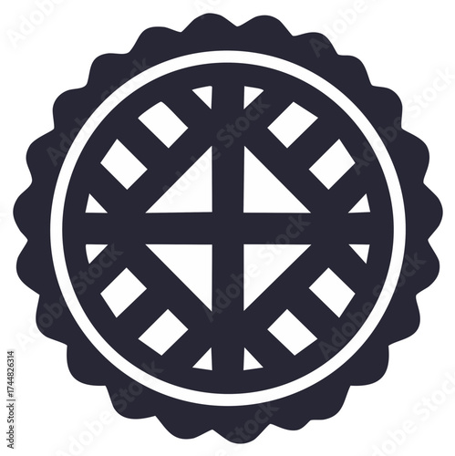 Stylized decorative pie top vector illustration design with lattice crust pattern, isolated illustration, minimal and symmetrical design.