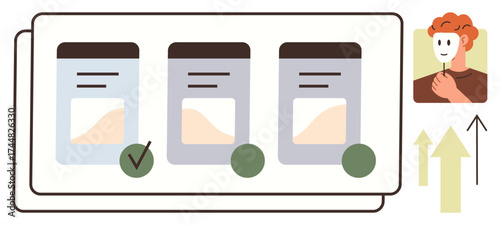 Three option cards with selection marks, profile of person evaluating, and growth arrows. Ideal for choice, decision, planning, prioritization, evaluation growth business strategy. Simple flat