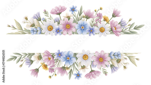 Delicate watercolor floral arrangement with pastel colored flowers and greenery creating a beautiful border for text or design
