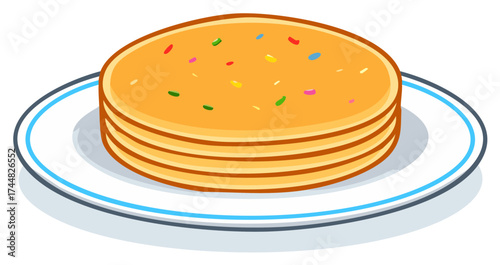 Stack of Golden Pancakes with Colorful Sprinkles on a Blue Rimmed Plate
