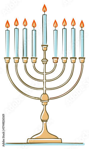 Illustration of a golden Hanukkah menorah with nine lit blue candles, flames burning brightly symbolizing festive Jewish celebration