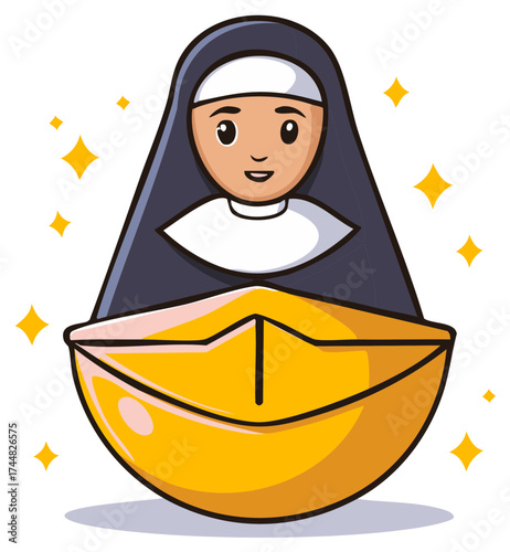Cartoon illustration of a smiling nun inside a golden origami boat