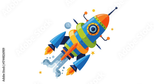 Colorful cartoon rocket ship blasting off into space with fiery exhaust.
