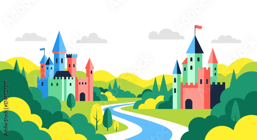 Colorful castles stand majestically along a flowing river in a vibrant landscape.