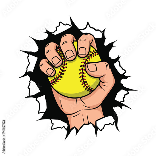 Dynamic illustration of a hand powerfully gripping a softball as it smashes through a brick wall