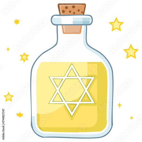 Cartoon illustration of a bottle of Hanukkah oil with the Star of David
