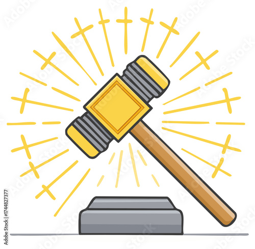 Illustration of a judge's gavel and block with radiating light beams symbolizing justice.