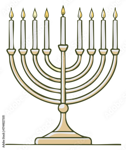 Golden Hanukkah menorah with nine lit candles, a traditional symbol of the Jewish Festival of Lights celebration