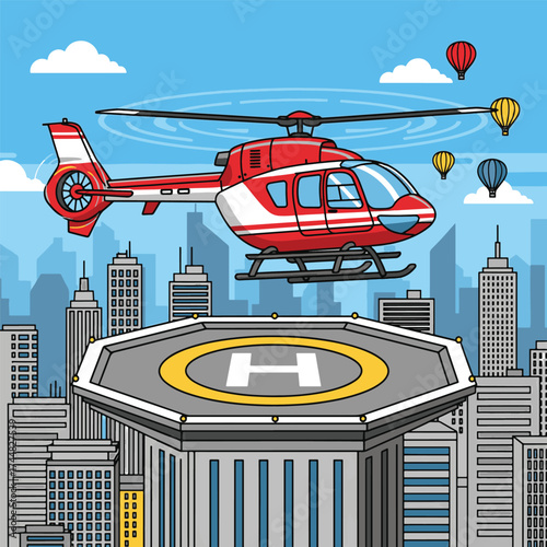 Red helicopter landing on a skyscraper helipad in a bustling city at dusk