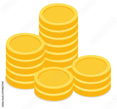 Isometric stacks of gold coins symbolize investments, savings, wealth, finance, and financial growth, prosperity, and success