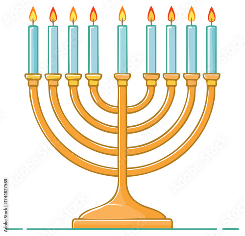 Golden Hanukkah Menorah with Nine Lit Candles Symbolic of Jewish Festival