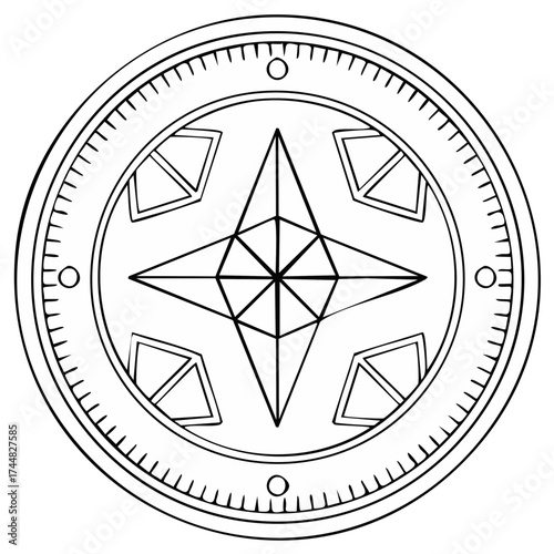 Ornate geometric star compass symbol in a circular frame black and white line art illustration for navigation and exploration