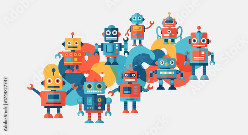 Colorful Collection of Playful Cartoon Robots Standing Together.