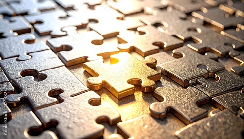Pieza de rompecabezas dorada encajando en el centro, concepto de solución y éxito