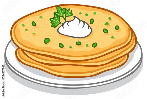 Cartoon illustration of a stack of pancakes with sour cream and herbs