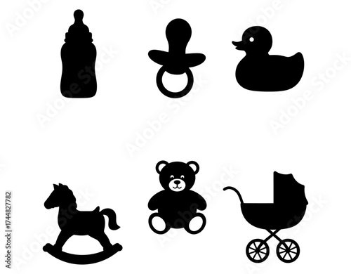 Set Of Baby Related Objects Including Baby Bottle Pacifier Rubber Duck Rocking Horse Teddy Bear And Stroller