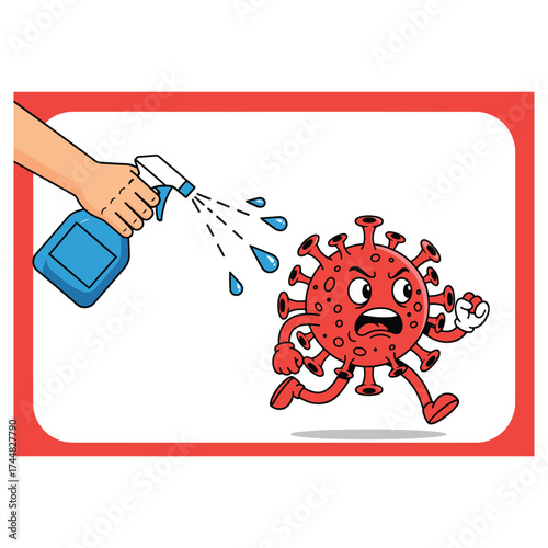 Scared cartoon coronavirus character fleeing from a disinfectant spray bottle