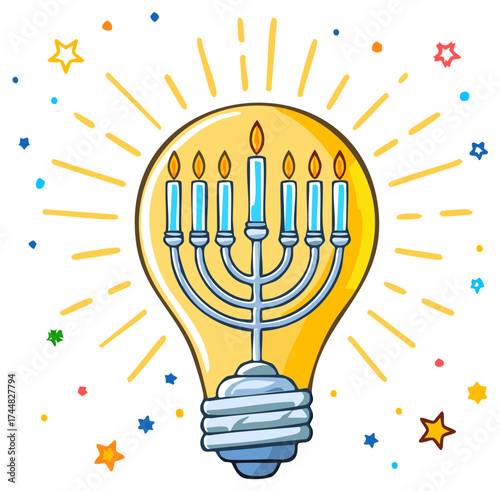 Menorah inside a light bulb symbolising Jewish holiday, Hanukkah