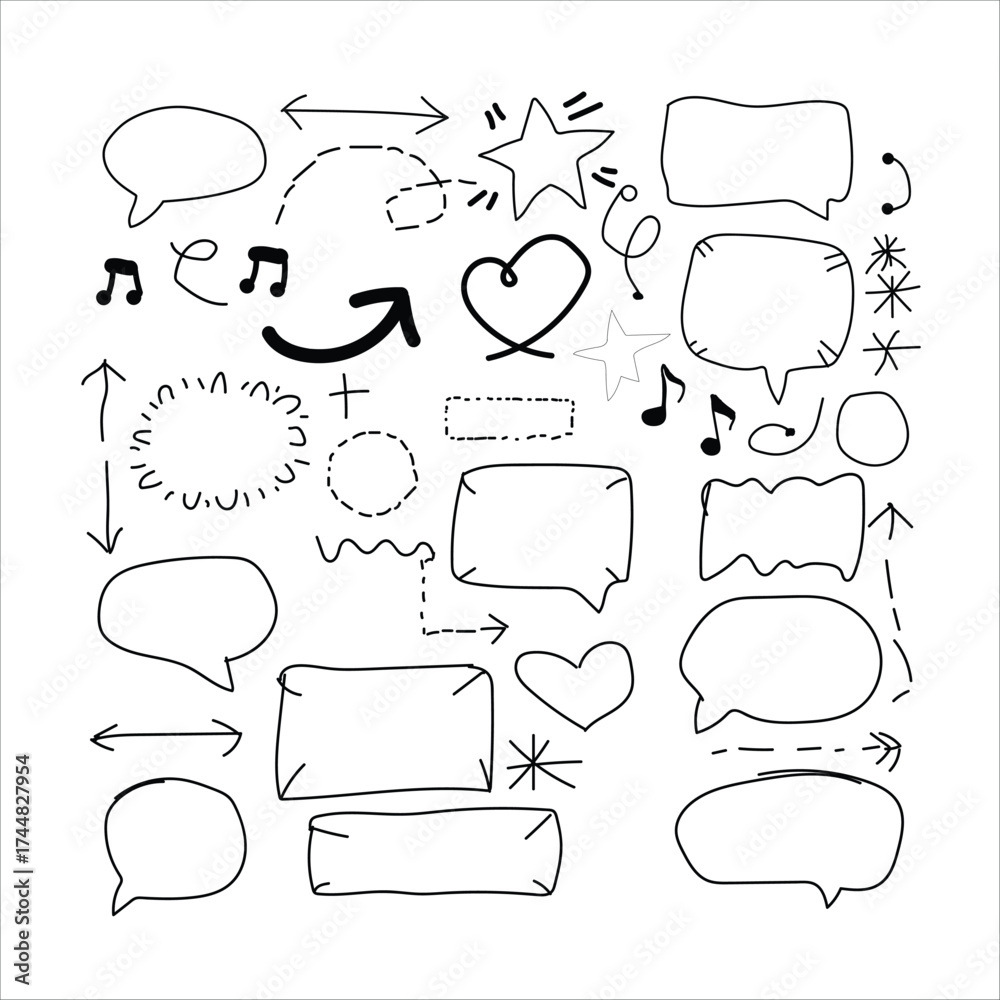 Obraz premium Hand drawn doodle elements featuring speech bubbles arrows stars music notes and hearts
