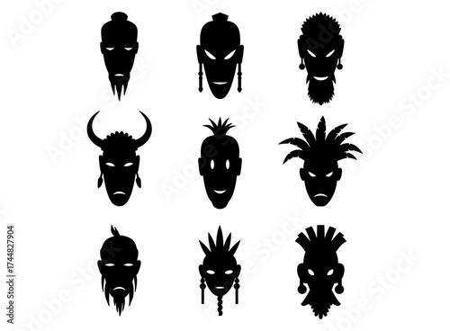 Set of nine tribal masks and masks from around the world in silhouette, vector graphics