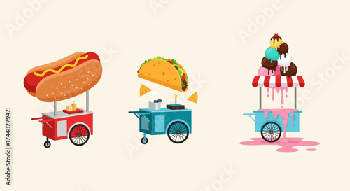 Colorful food carts showcasing hot dogs tacos and ice cream treats.