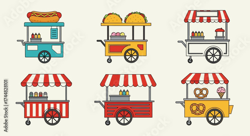 Colorful food carts showcasing various street food options and culinary delights.