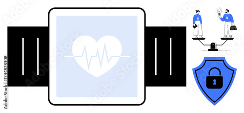 Smartwatch with heart monitor, shield with padlock, two people sharing ideas on scales. Ideal for technology, health monitoring, fitness, data security, innovation privacy balance. Simple flat