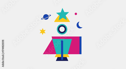 Colorful geometric rocket ship with celestial elements soaring through space.